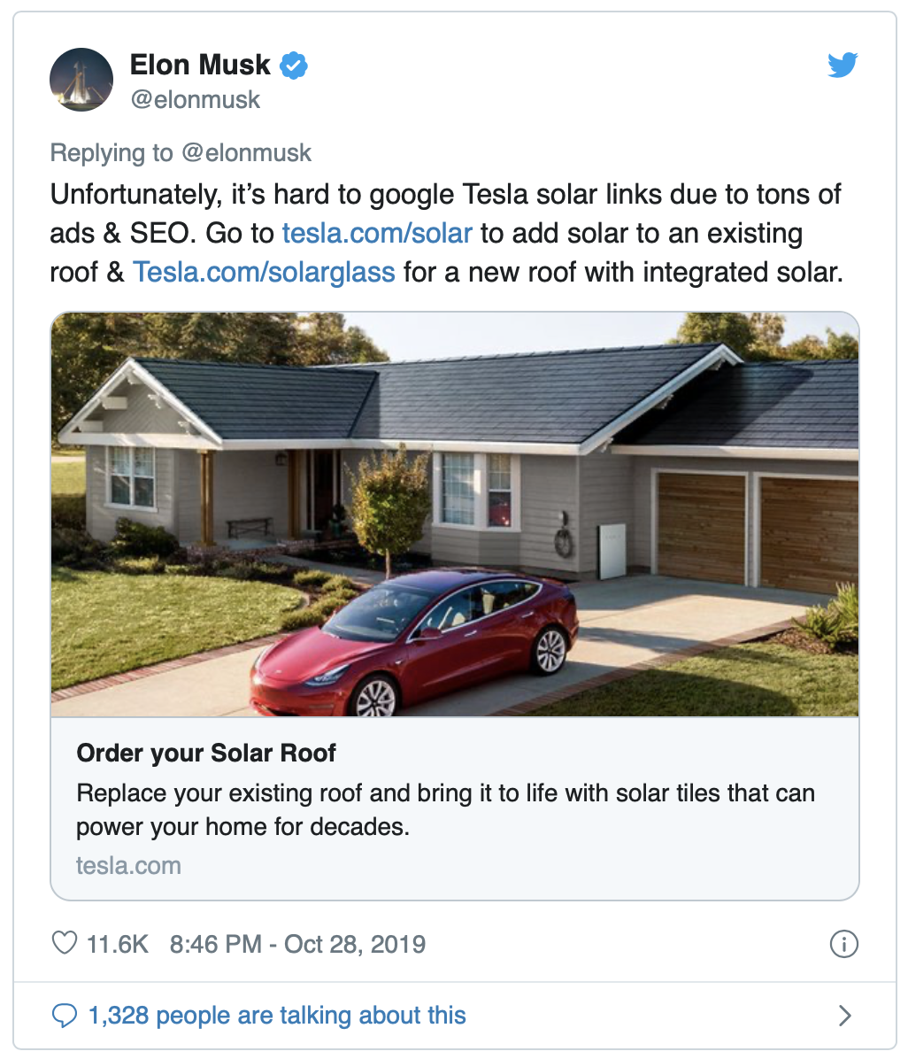 Elon Musk:   Unfortunately, it's hard to google Tesla solar links due to tons of ads & SEO