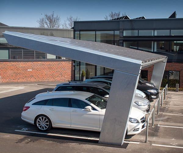 Solar awnings over parking lots aid business as well as consumers